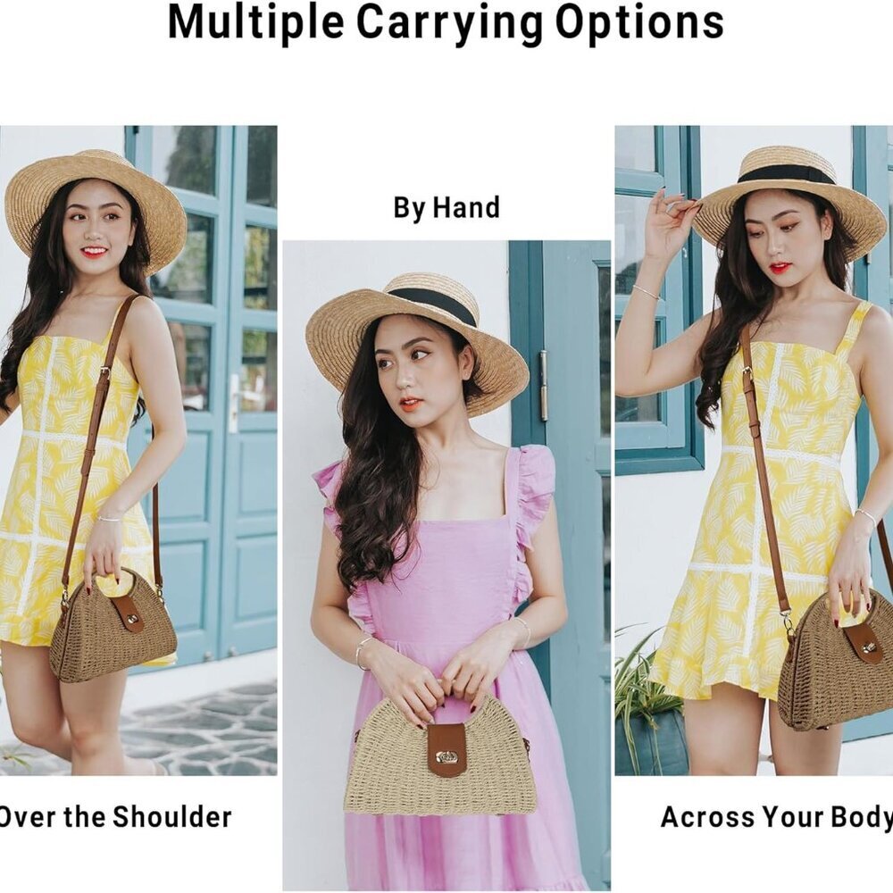 Women Straw Beach Bag Handmade Woven Crossbody Shoulder Purse for Summer - Picture 7 of 7